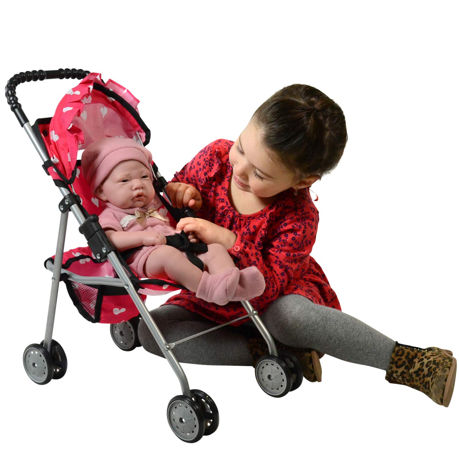 The New York Doll Collection My First Doll Stroller with Basket & Heart Design Foldable Doll