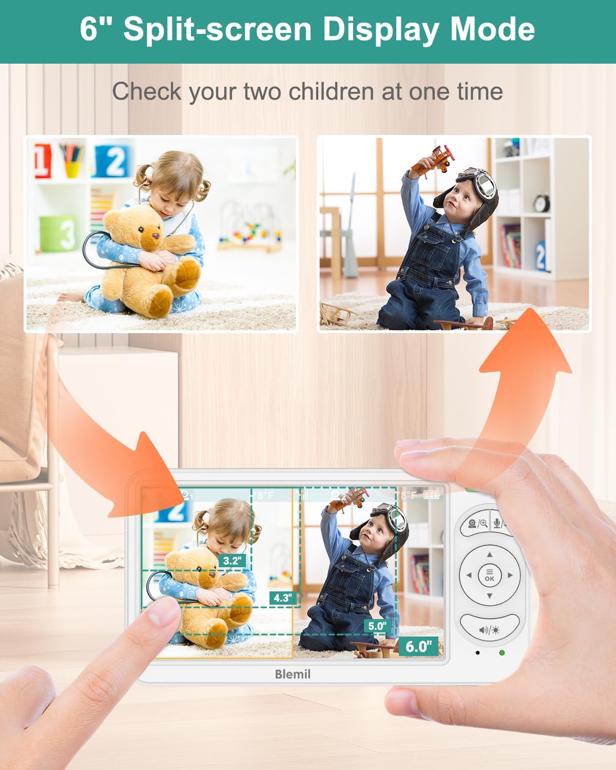 6" Baby Monitor with 2 Cameras 4000mAh Battery Upgrade Split Screen Video Baby Monitor No WiFi