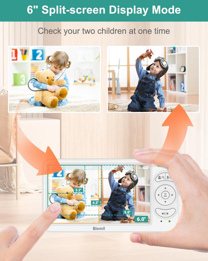 6" Baby Monitor with 2 Cameras 4000mAh Battery Upgrade Split Screen Video Baby Monitor No WiFi