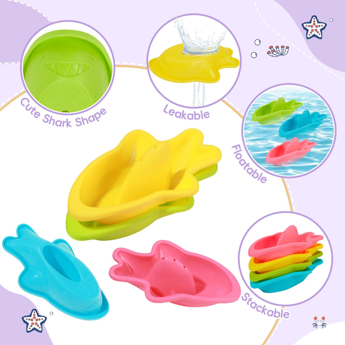 Mold Free Bath Toys, 11PCS | Safe Easy Clean & Fun Floating Boats & Spoon & Watering Can and Whale