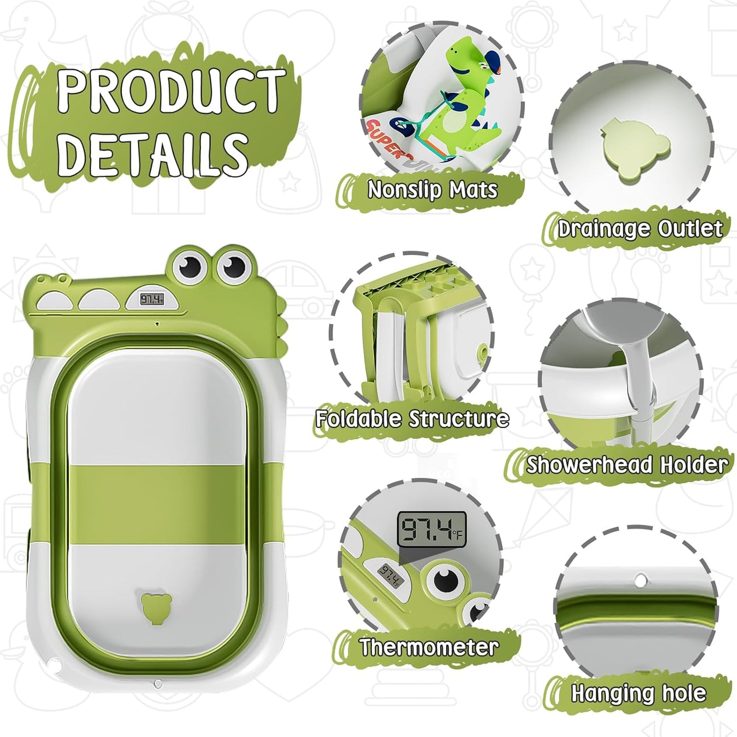 MoreFeel Collapsible Baby Bathtub for Newborn with Thermometer & 1 Hooded Towel & 1 Soft Floating