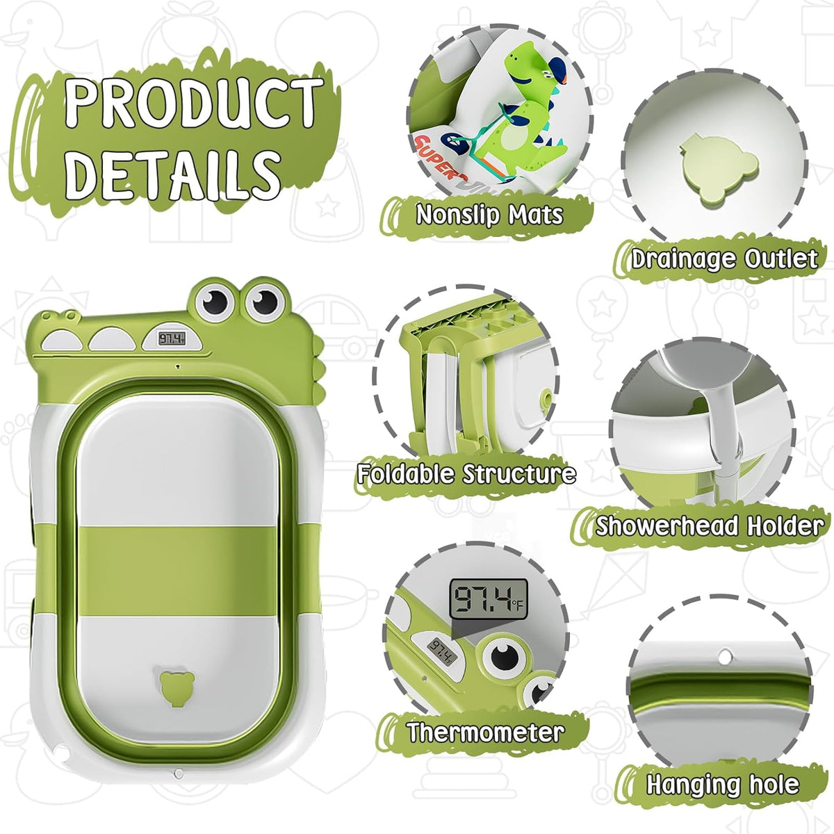 MoreFeel Collapsible Baby Bathtub for Newborn with Thermometer & 1 Hooded Towel & 1 Soft Floating