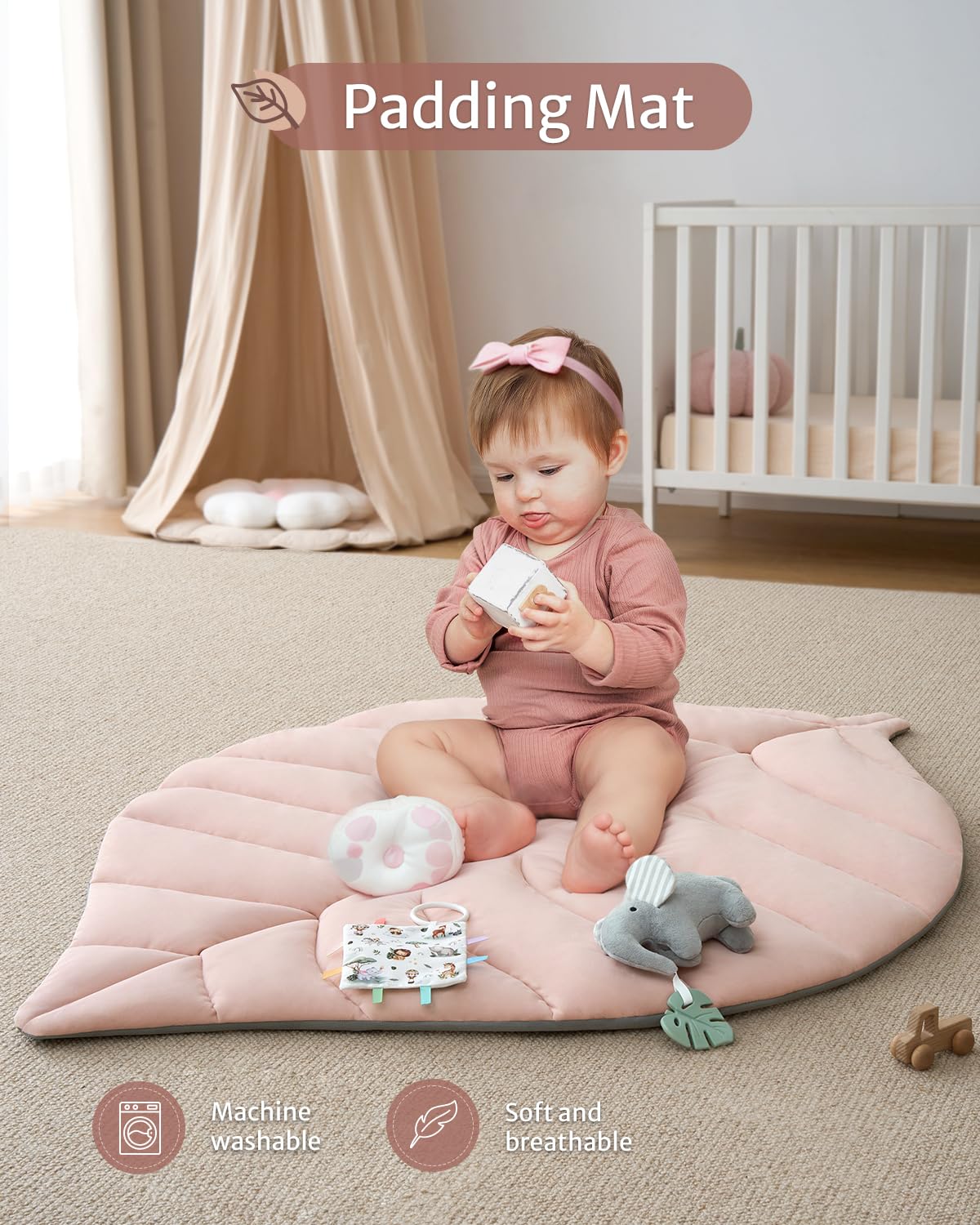 Blissful Diary Baby Play Gym & Activity Mat, Oversize Leaf Shaped Tummy Time Baby Play Mat w 6