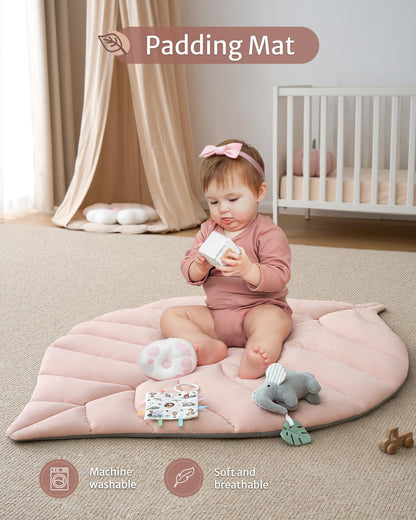 Blissful Diary Baby Play Gym & Activity Mat, Oversize Leaf Shaped Tummy Time Baby Play Mat w 6
