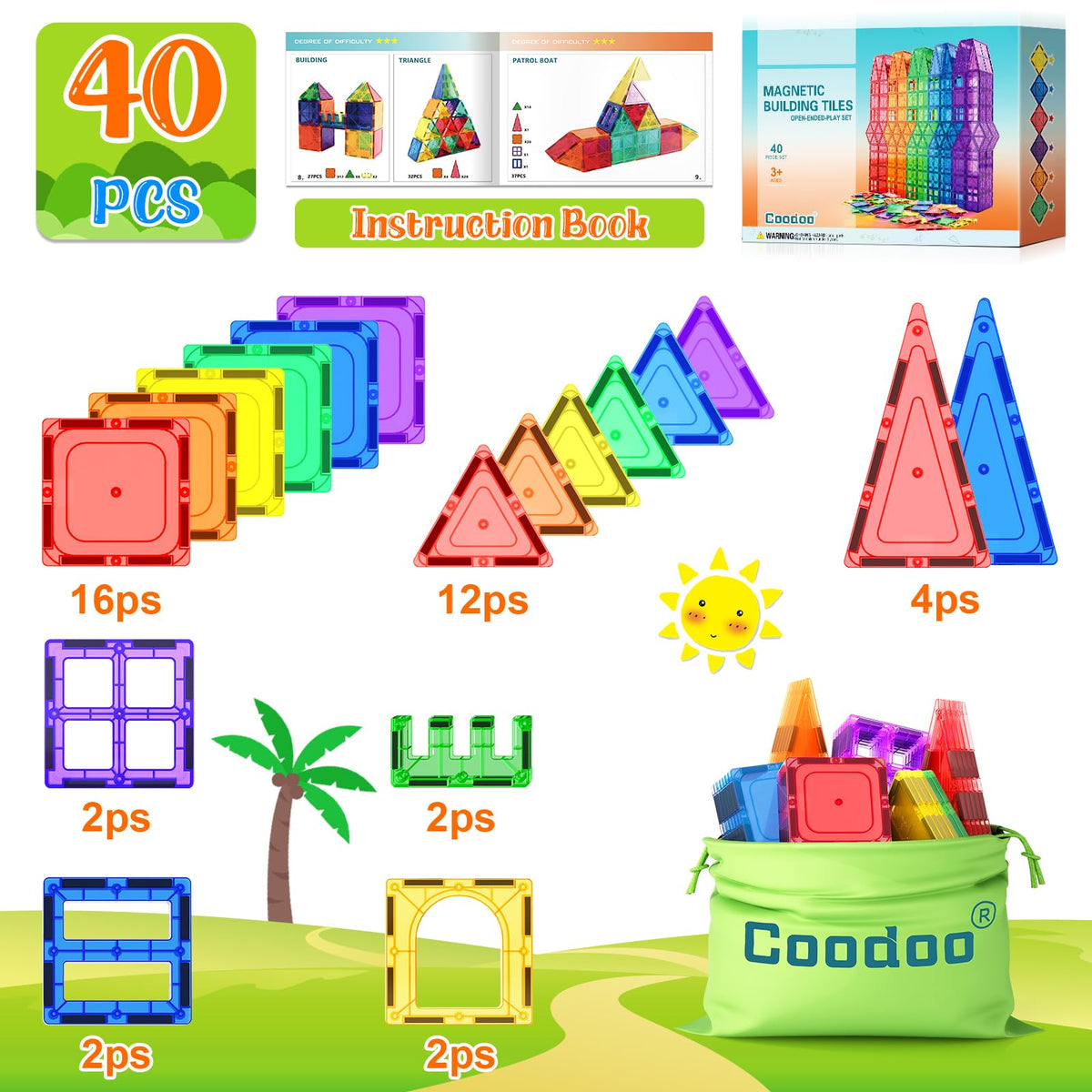 Coodoo Magnetic Tiles Kids Toys STEM Magnet Toy for Toddler Magnetic Blocks Building Preschool