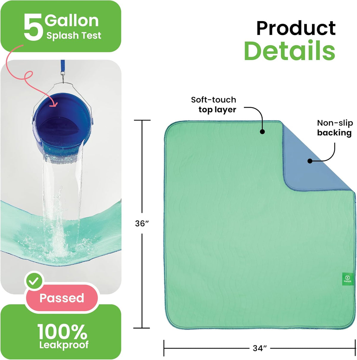 IMPROVIA® Washable Underpads, 34" x 36" (Pack of 10) - Heavy Absorbency Reusable Bedwetting
