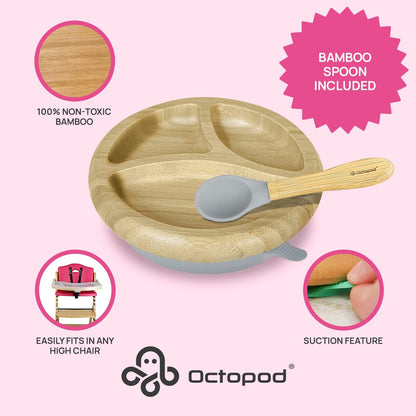 Abiie Octopod Bamboo Dish - Kids Plates for 4 months and up, 3-Compartment Baby Plates with