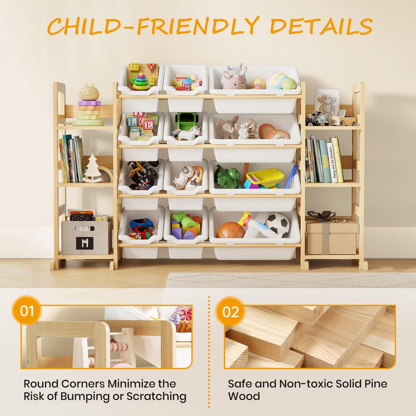 EXPERLAM Extra Large Toy Storage - Toy Storage Organizer, Wooden Toy Organizer with 6 Side Shelves