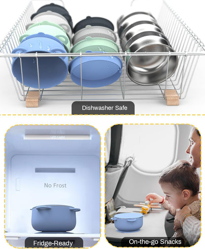 Baby Suction Bowls with Lids 4-Pack, 2-in-1 Stainless Steel 304 Toddler Bowl & Removable Silicone