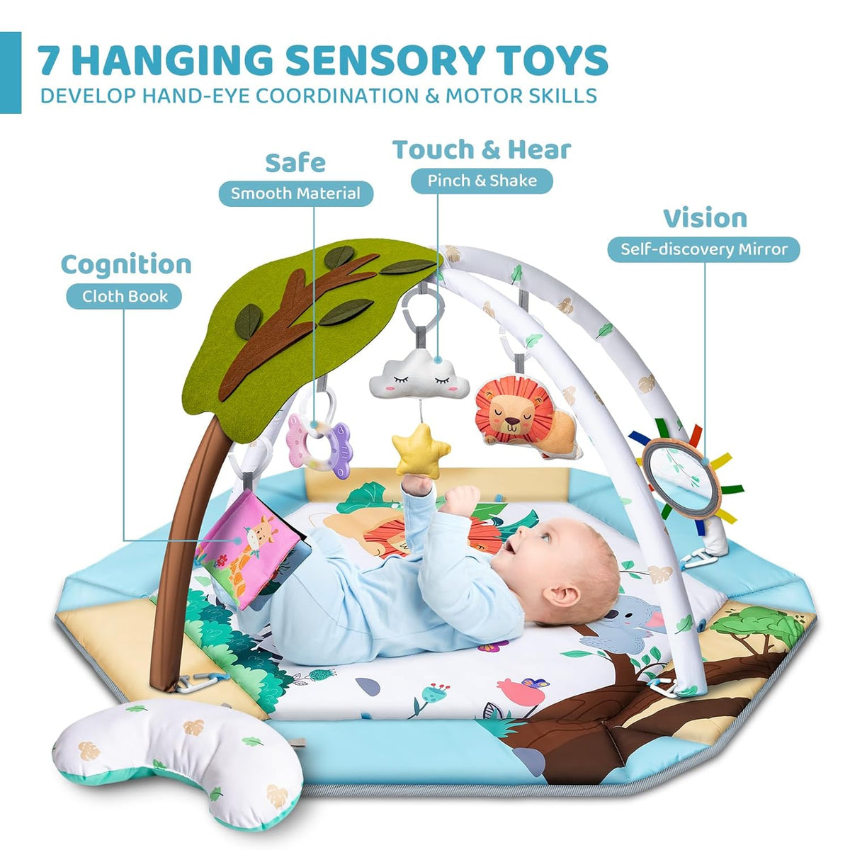 Baby Gym Play Mat, 8-in-1 Tummy Time Mat & Ball Pit with 6 Toys, Washable Baby Activity Play Mat