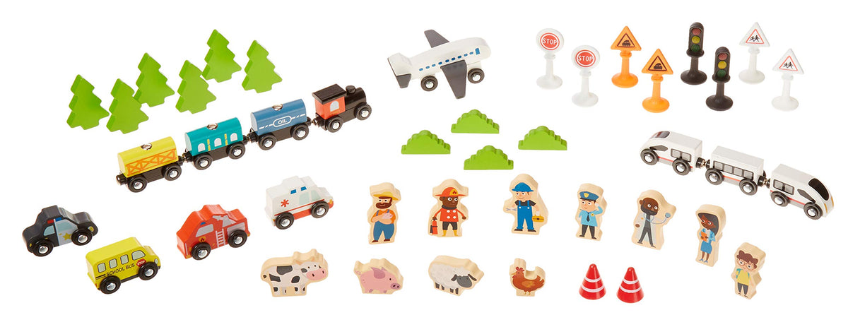 Amazon Basics 120 Piece Wooden Train Set with Activity Table, Sturdy Tracks, Storage Bin, Easy to