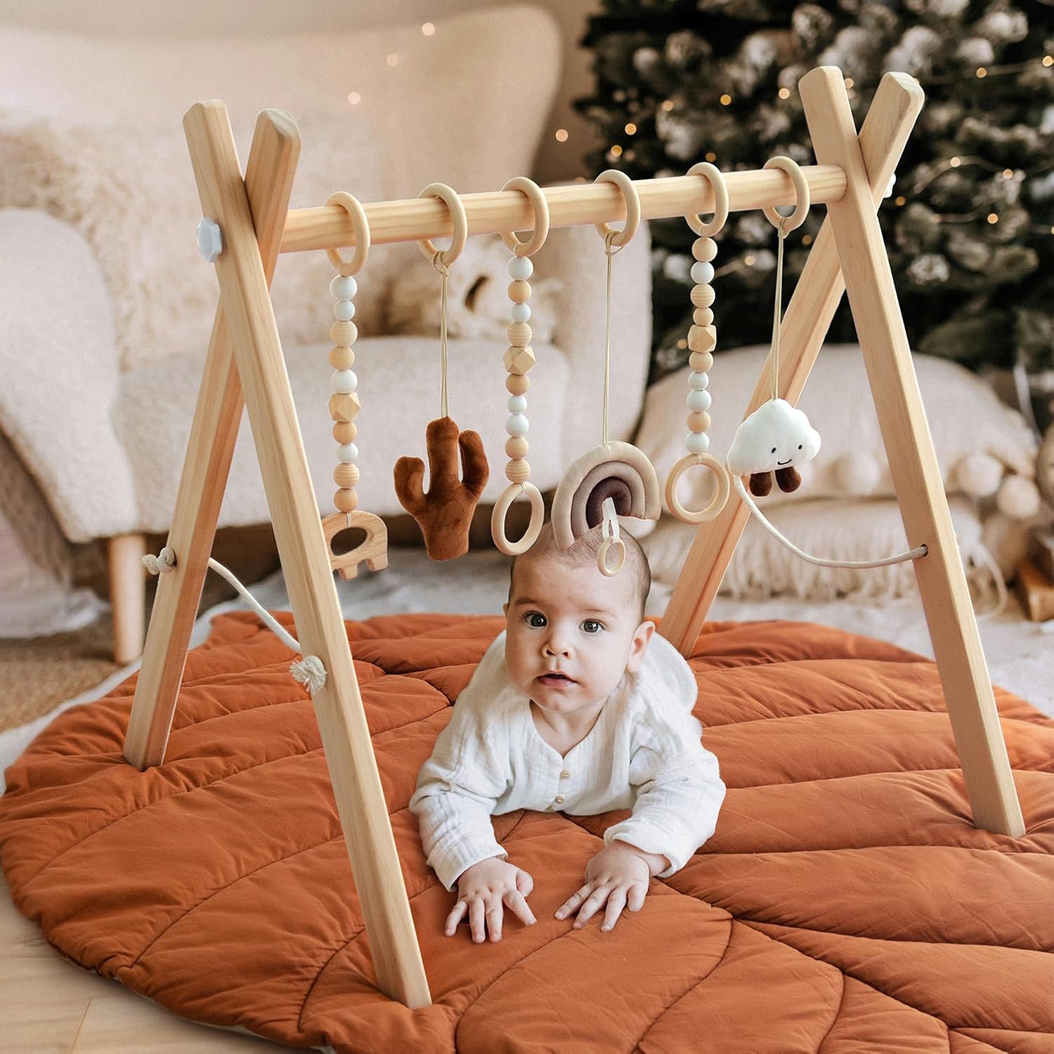 Razee Wooden Baby Play Gym Activity Mat, Leaf Shaped Play Mat Baby Gym with 6 Hanging Sensory Toys