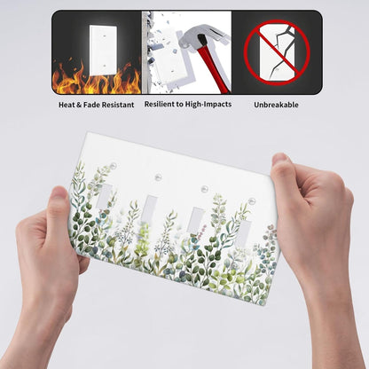 Green Eucalyptus Leaf Plant Herbs Springnature Light Switch Covers Quad Toggle Electrical Faceplate