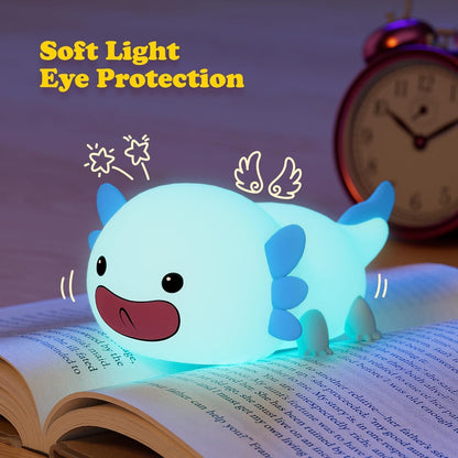 UNEEDE Blue Axolotl Night Light for Kids, Animal Silicone Nursery Night Lamp, Rechargeable Table