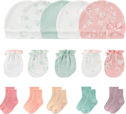 Newborn Baby Boy Girl Caps Mittens Socks Set Cotton Baby Essentials Accessories (Hats+Gloves+Socks)