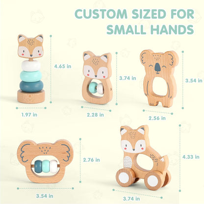 Freniland Wooden Montessori Toys, 5-Piece Wooden Baby Toy, Koala Baby Rattle, Fox Stacking Ring