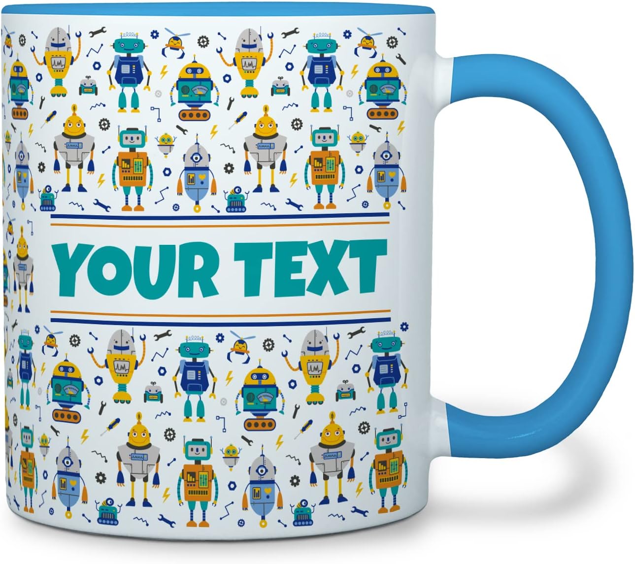 Personalized Mug for Kids - Robots - Custom Name/Text, Ceramic Hot Chocolate/Cocoa/Coffee Cup for