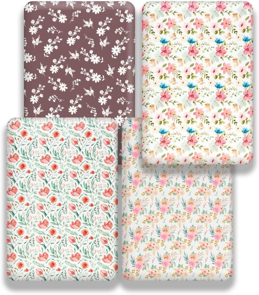 4 Pack Baby Girl Crib Sheets Set Soft Fitted Floral or Elephant Theme Baby Girl Mattress Covers