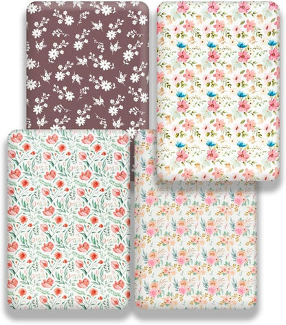 4 Pack Baby Girl Crib Sheets Set Soft Fitted Floral or Elephant Theme Baby Girl Mattress Covers