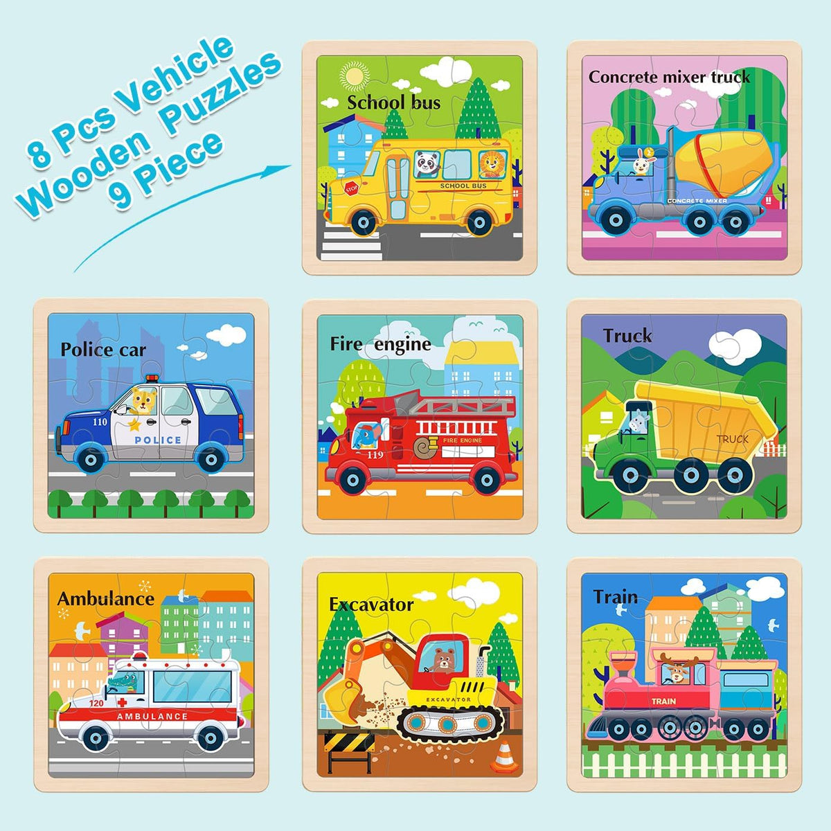 Wooden Puzzles for Toddlers 2-4, 9 Pieces Vehicle Jigsaw Puzzles for Kids Ages 3-5, Toddler Toys
