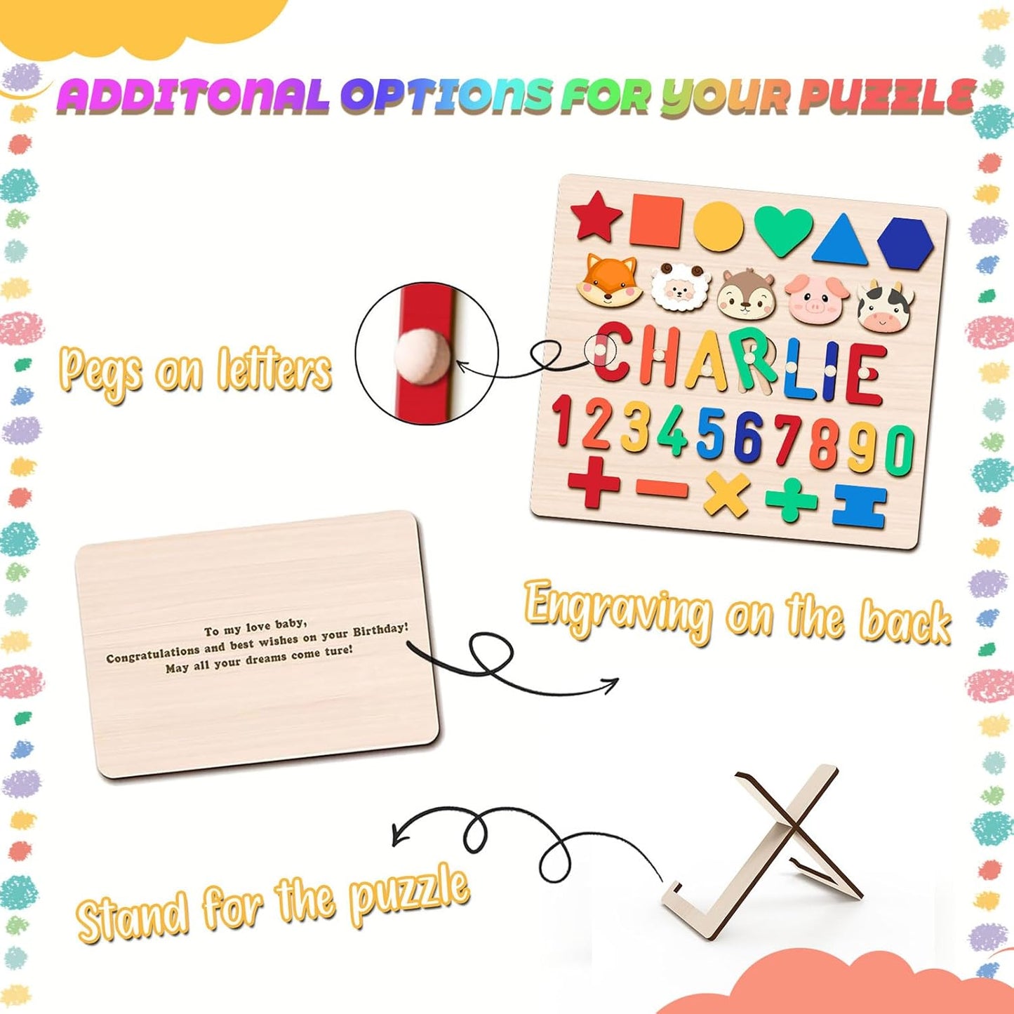 Personalized Name Puzzle for Toddlers 1-3 Wooden Alphabet Shape Number Blocks Personalized Baby