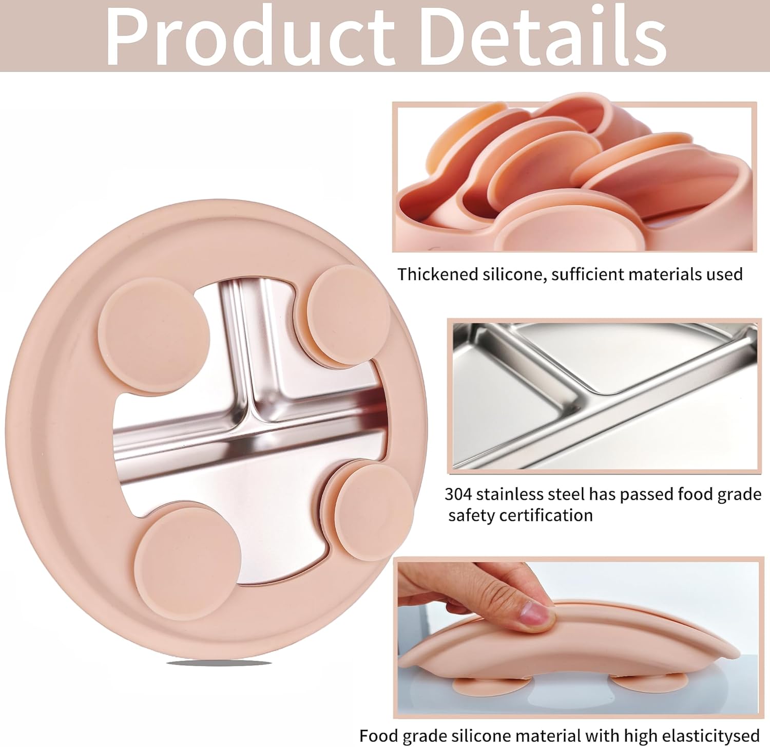 3Pack Stainless Steel Kids Plates, 8.1" Divided Toddler Plates with Removable Silicone Suction
