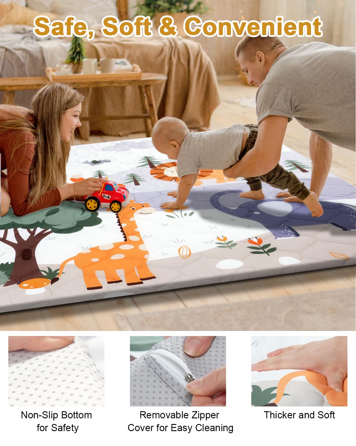Premium Foam Baby Play Mat 50" x 50" – Removable & Machine Washable Cover, Extra Thick Padding