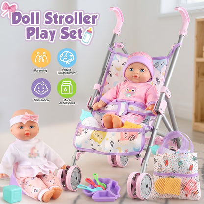 Baby Doll with Stroller Set for Realistic Pretend Play for 3 4 5 6 7 Year Old Toddler Girls Gifts.