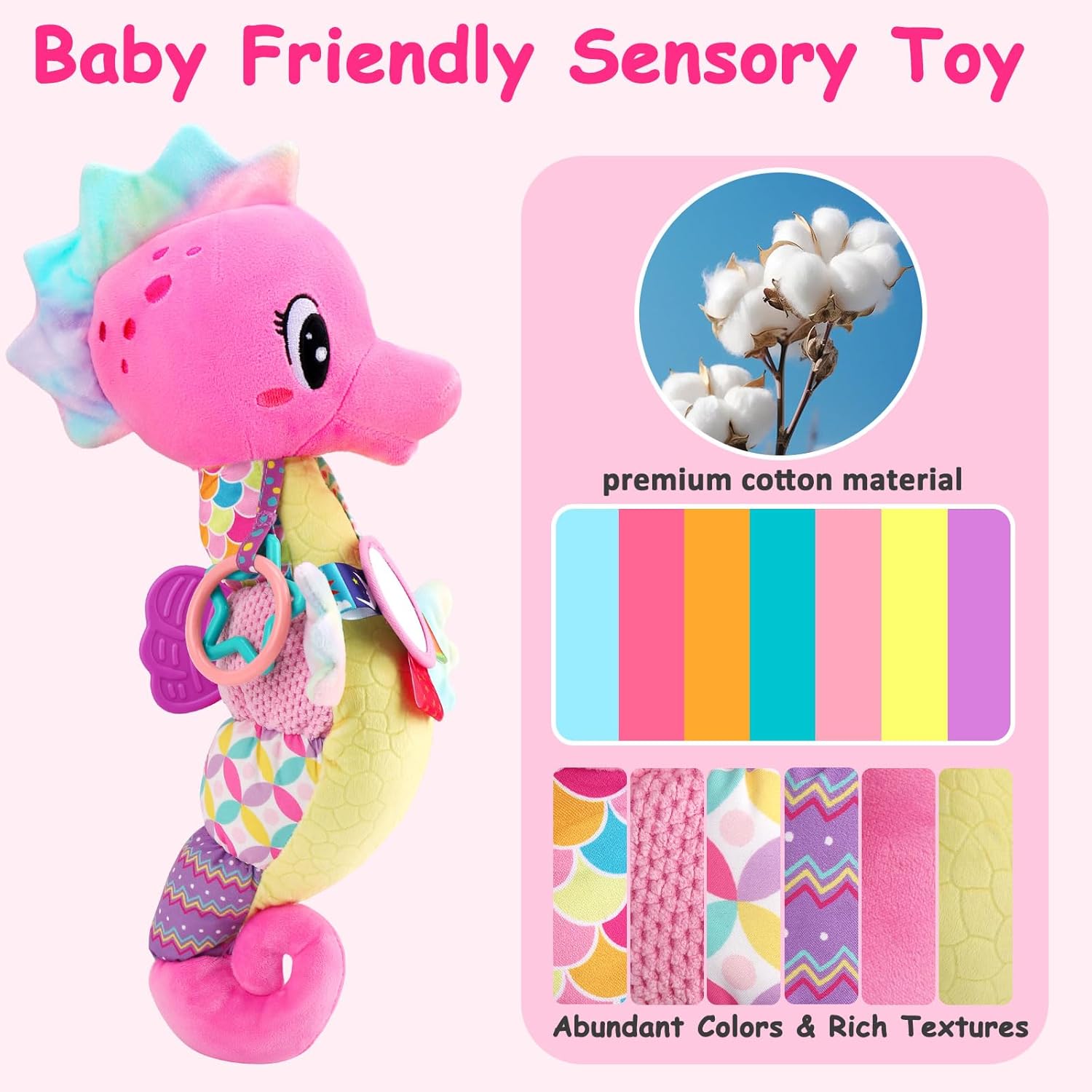 Baby Sensory Toys 0-6 3-6 Months Musical Stuffed Animal Plush Pink Seahorse for Infant 6-12 Month