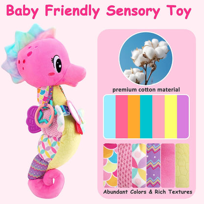 Baby Sensory Toys 0-6 3-6 Months Musical Stuffed Animal Plush Pink Seahorse for Infant 6-12 Month