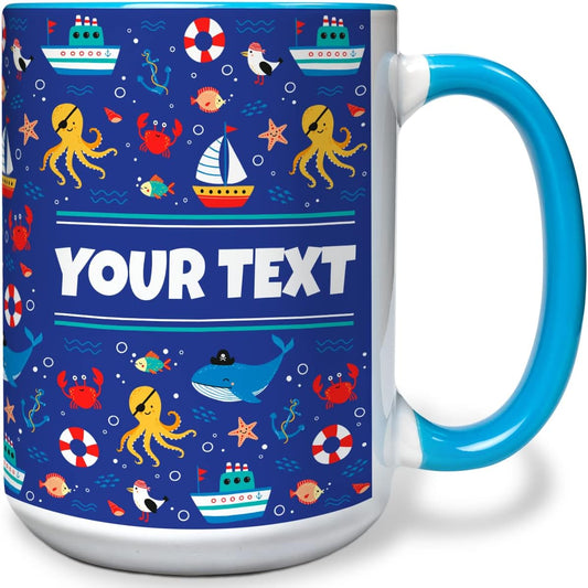 Personalized Mug for Kids - Nautical - Custom Name/Text, Ceramic Hot Chocolate/Cocoa/Coffee Cup for