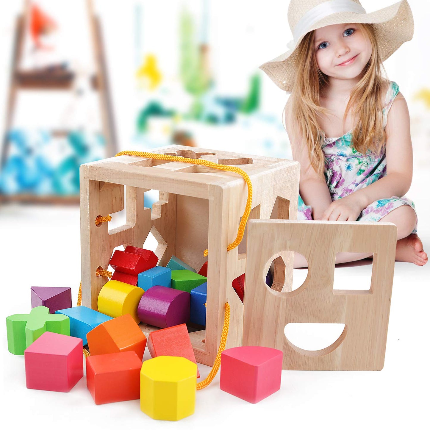 QZMTOY Shape Sorter Toys with 19 Shape Blocks, Classic Wooden Toys for Toddlers Kids, Gift for