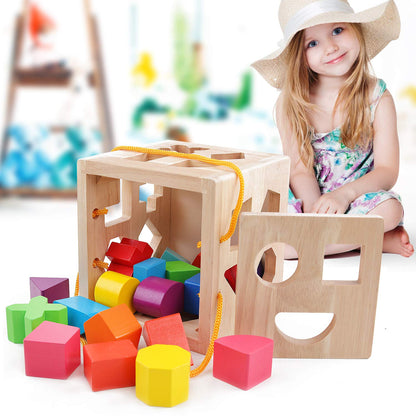 QZMTOY Shape Sorter Toys with 19 Shape Blocks, Classic Wooden Toys for Toddlers Kids, Gift for