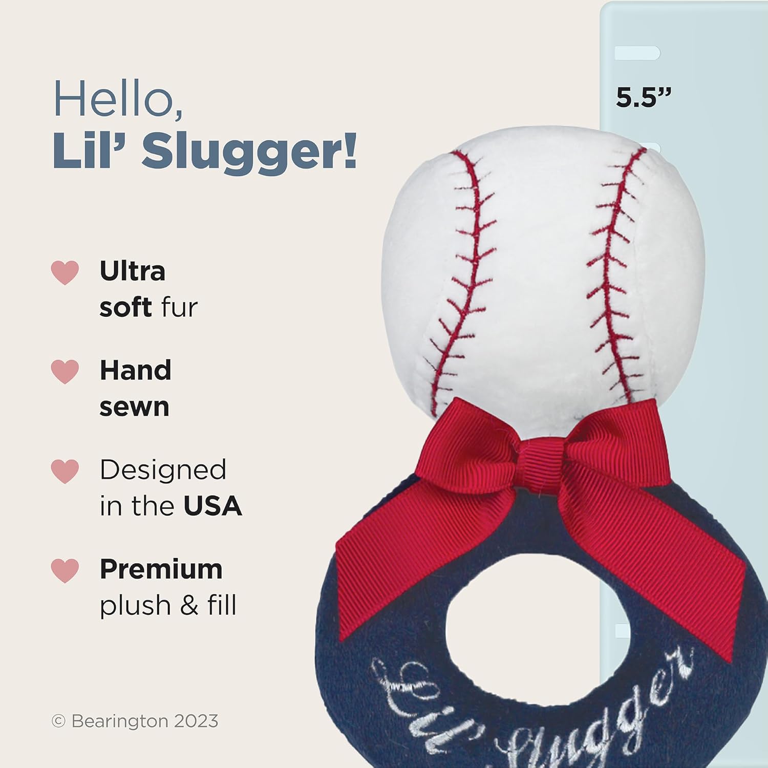 Bearington Baby Lil’ Slugger, 5.5 Inch Red, White and Blue Plush Stuffed Baby Baseball Soft Ring