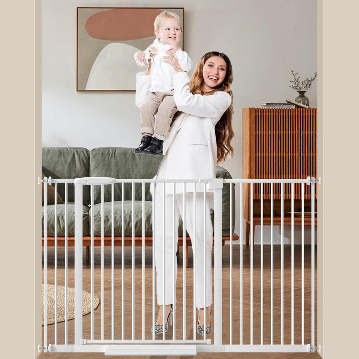 DEARBB Extra Wide Baby Gate Ultra Narrow Spacing 30.11-77.36" Pressure Mounted Double Lock Swing