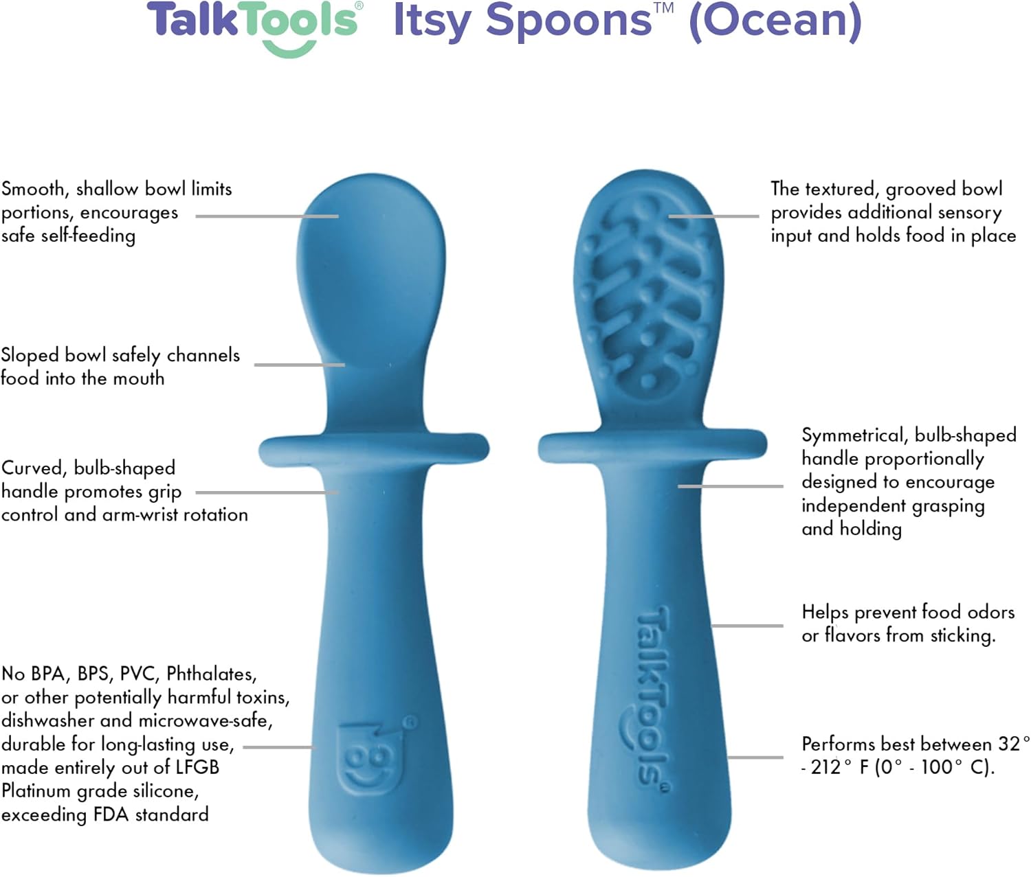 TalkTools ITSY Tiny Silicone Spoons – Twin Pack Soft Silicone Self-Feeding Training Spoons for Kids