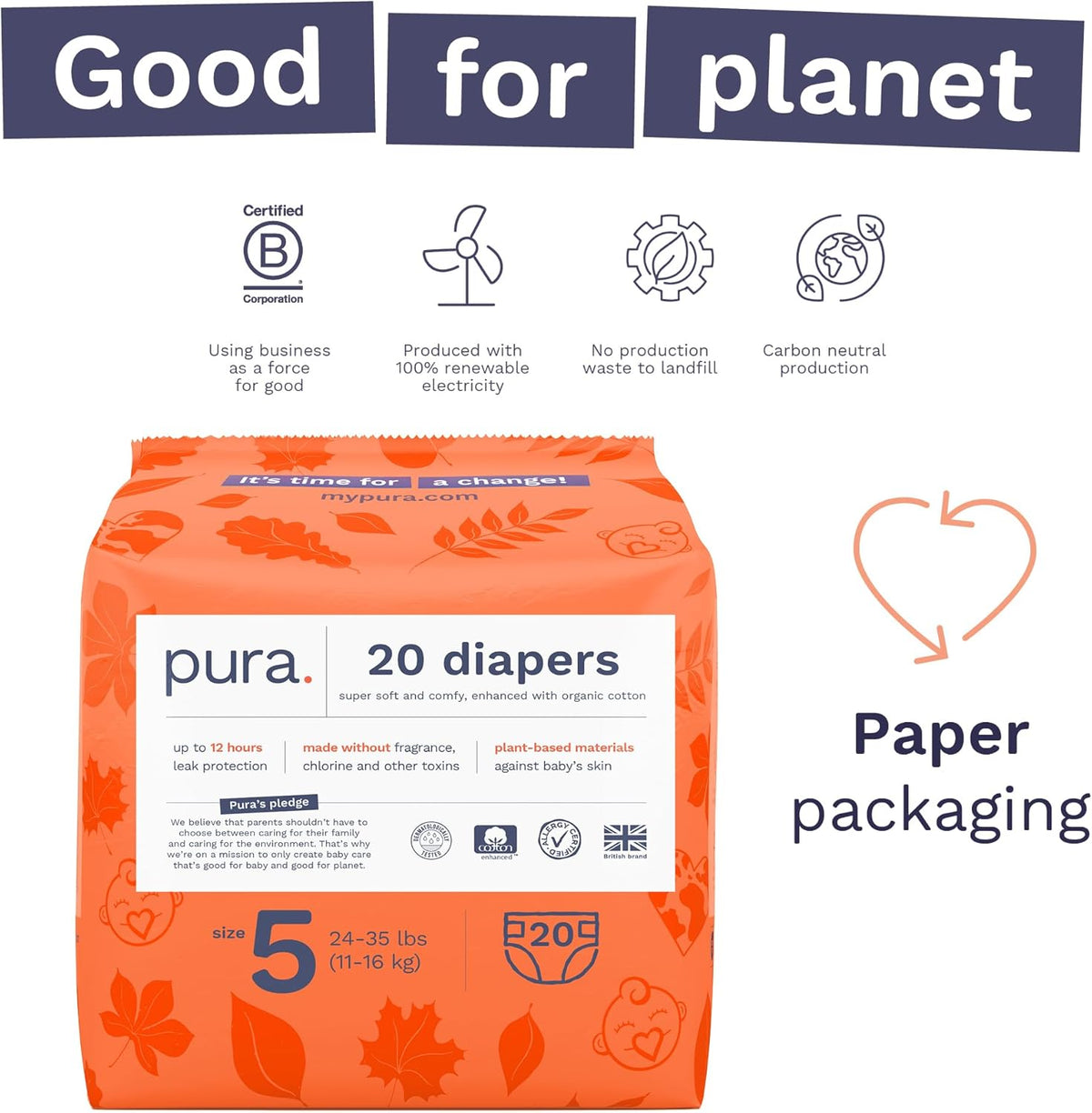 Pura Size 5 Eco-Friendly Diapers (24-35 lbs) Totally Chlorine Free (TCF) Hypoallergenic, Soft