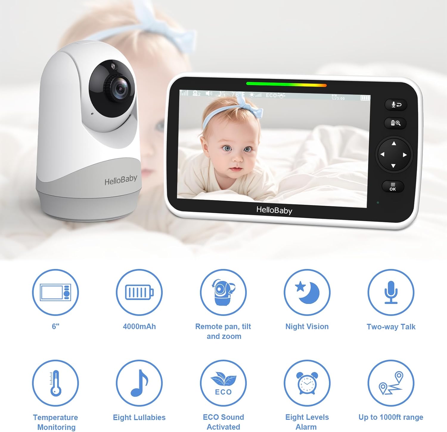 HelloBaby 6”IPS Large Screen, Video Baby Monitor with Upgraded 4000mAh Battery, 2-Way Talk, Night
