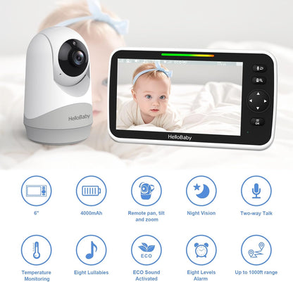 HelloBaby 6”IPS Large Screen, Video Baby Monitor with Upgraded 4000mAh Battery, 2-Way Talk, Night