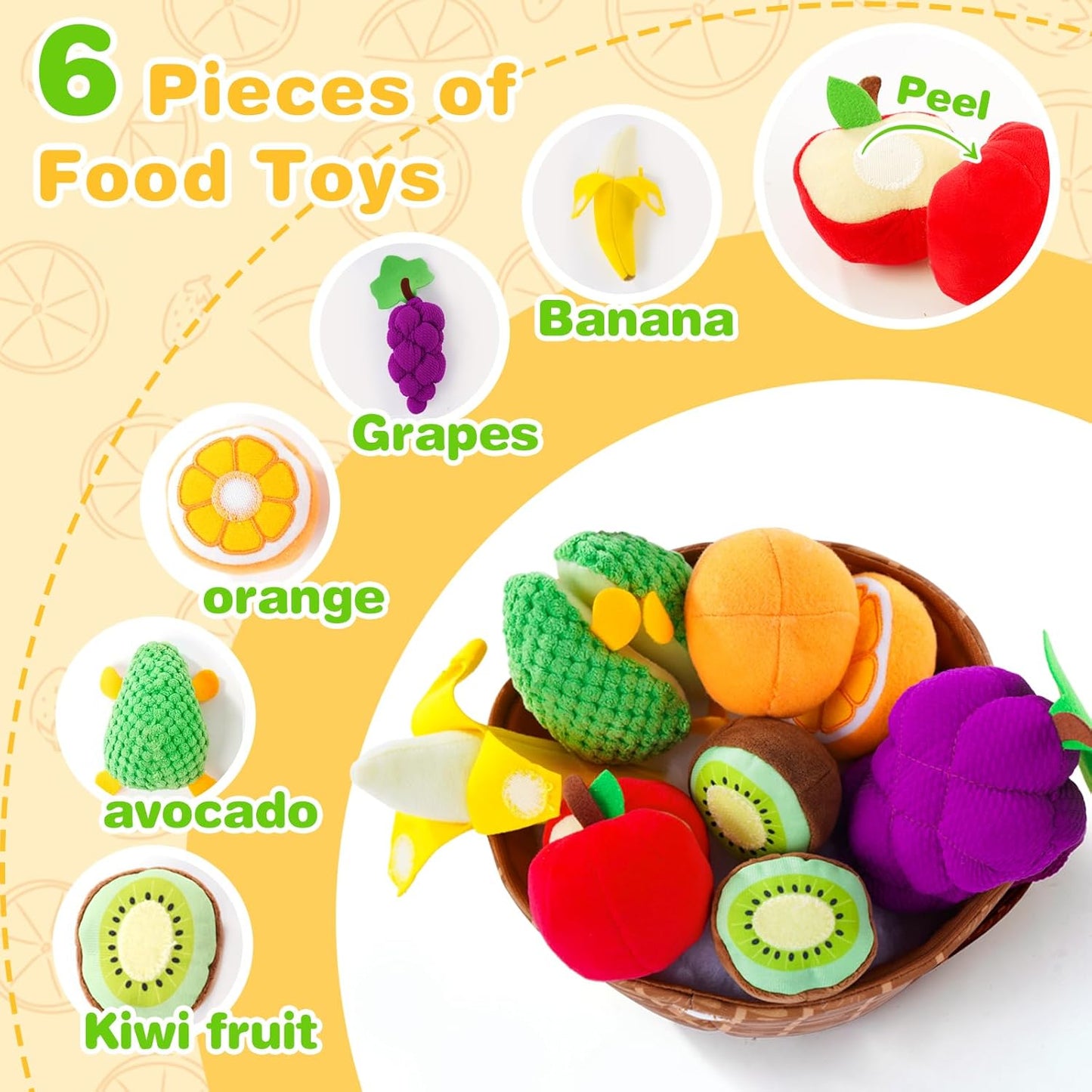 Play Food for Toddler 1-3, Plush Pretend Food Set with Sorting Fruit Basket, Baby Sensory Toys 6-12
