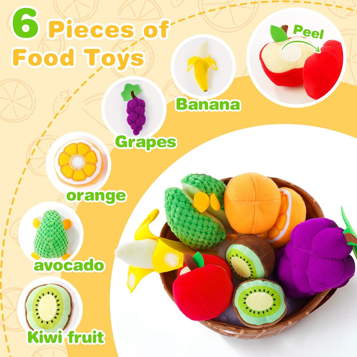 Play Food for Toddler 1-3, Plush Pretend Food Set with Sorting Fruit Basket, Baby Sensory Toys 6-12
