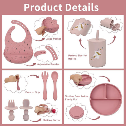 Silicone Baby Feeding Set, Baby Led Weaning Supplies, Baby Spoons Suction Divided Plate Bib Cup