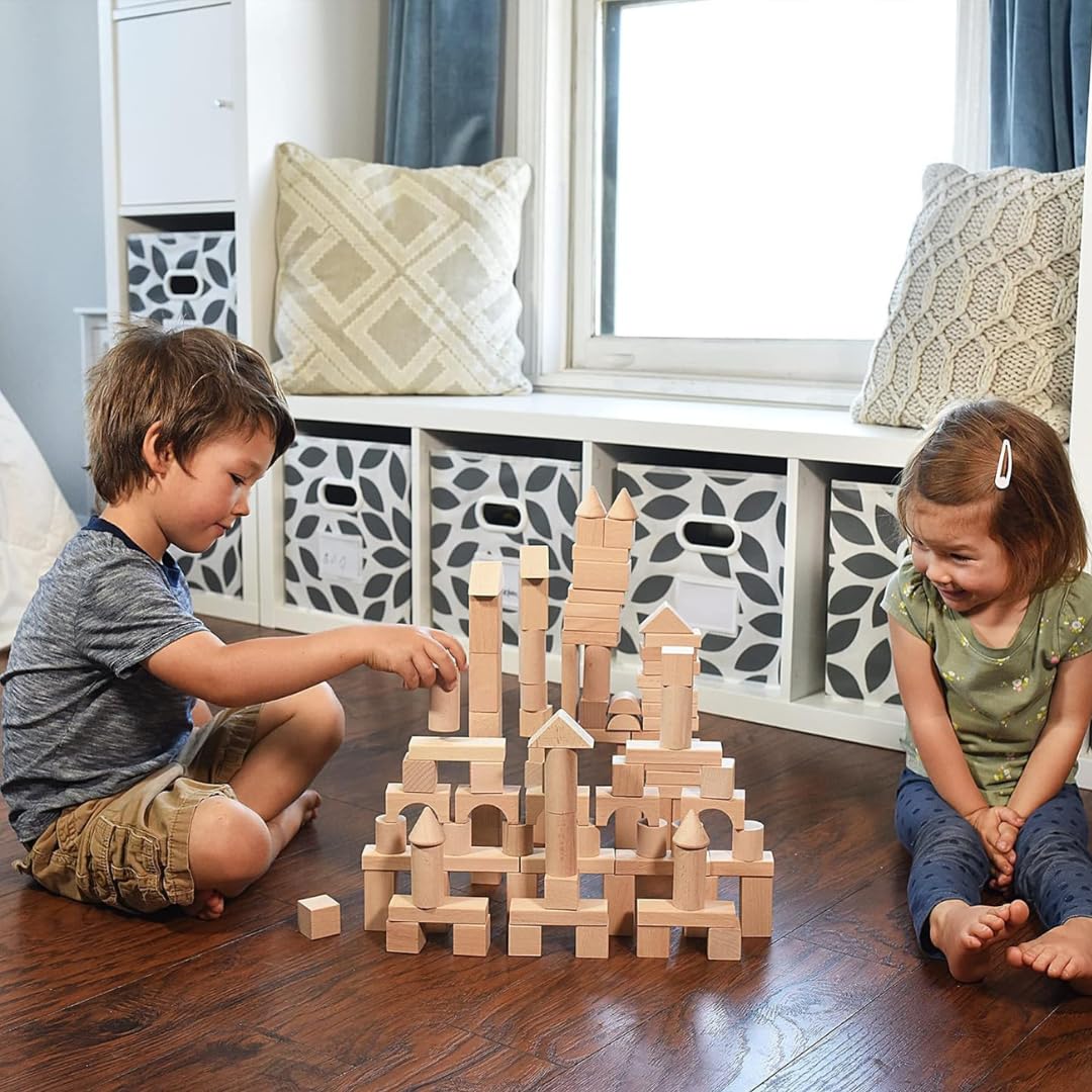 100 Pcs Wooden Blocks for Toddlers 1-3 Building Blocks for Kids
