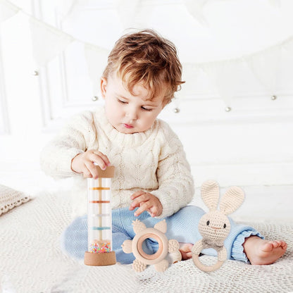 Youuys Wooden Baby Rattle Set (3pcs) - Crochet Rattle Rain Stick Teething Toys, Wooden Montessori