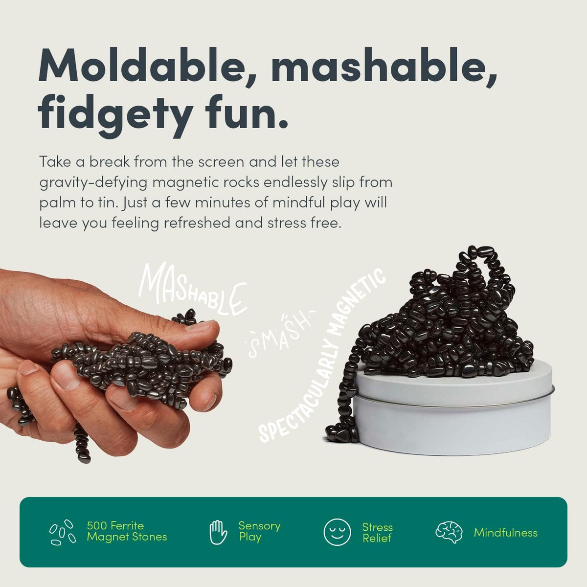 Speks Crags Ferrite Putty | Over 500 Smooth Ferrite Stones in a Metal Tin | Fun Quiet Fidget Toys