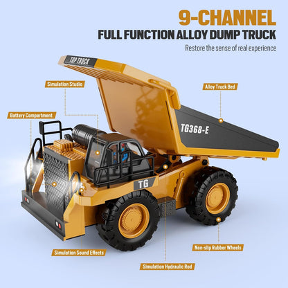 RC Dump Truck Toy, 9-Channel Remote Control Toy with Metal Bed & Light, Rechargeable Battery, Kids