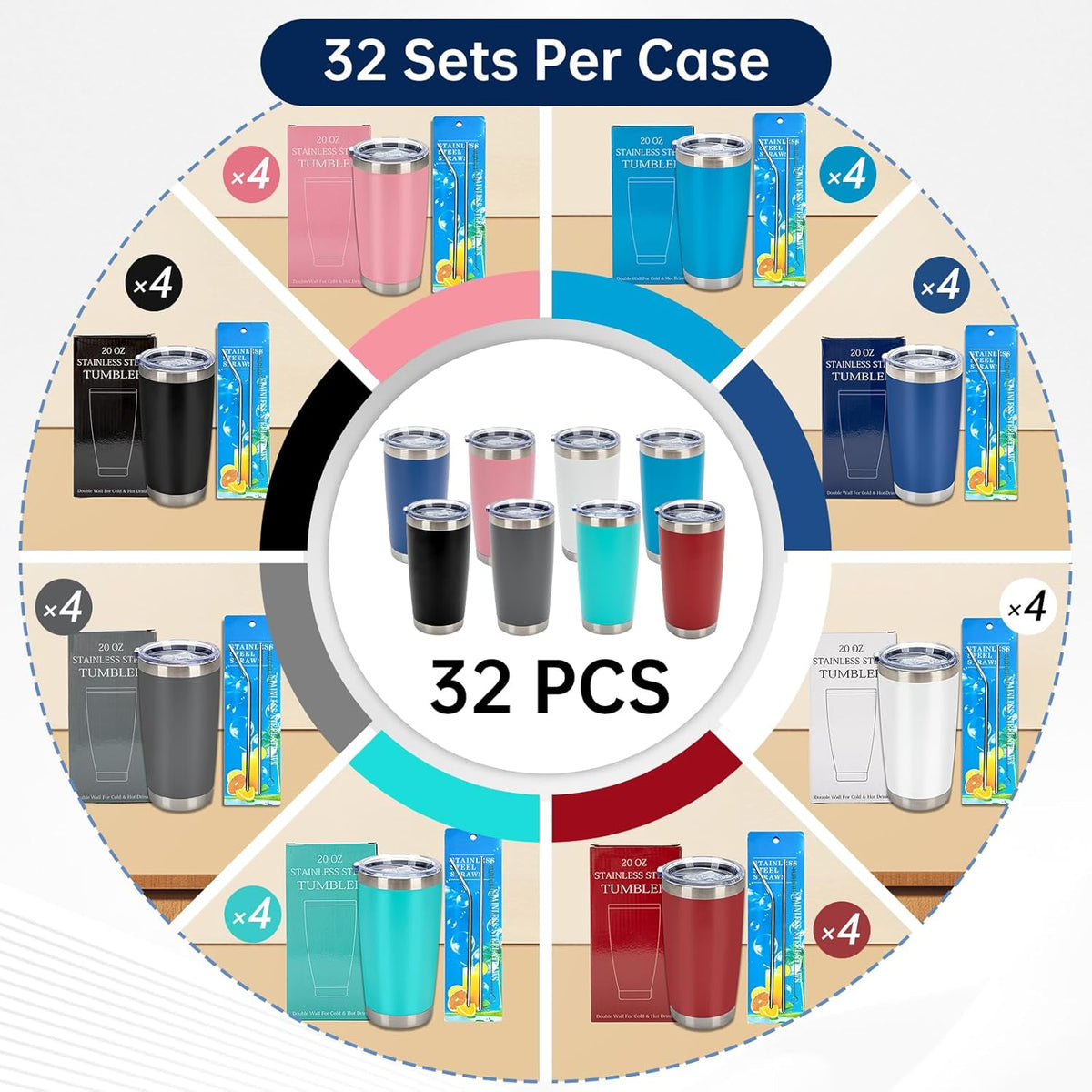 IEOVIEE 32 Pack 20oz Stainless Steel Bulk Tumblers with Lids and Straws Double Wall Insulated