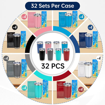 IEOVIEE 32 Pack 20oz Stainless Steel Bulk Tumblers with Lids and Straws Double Wall Insulated