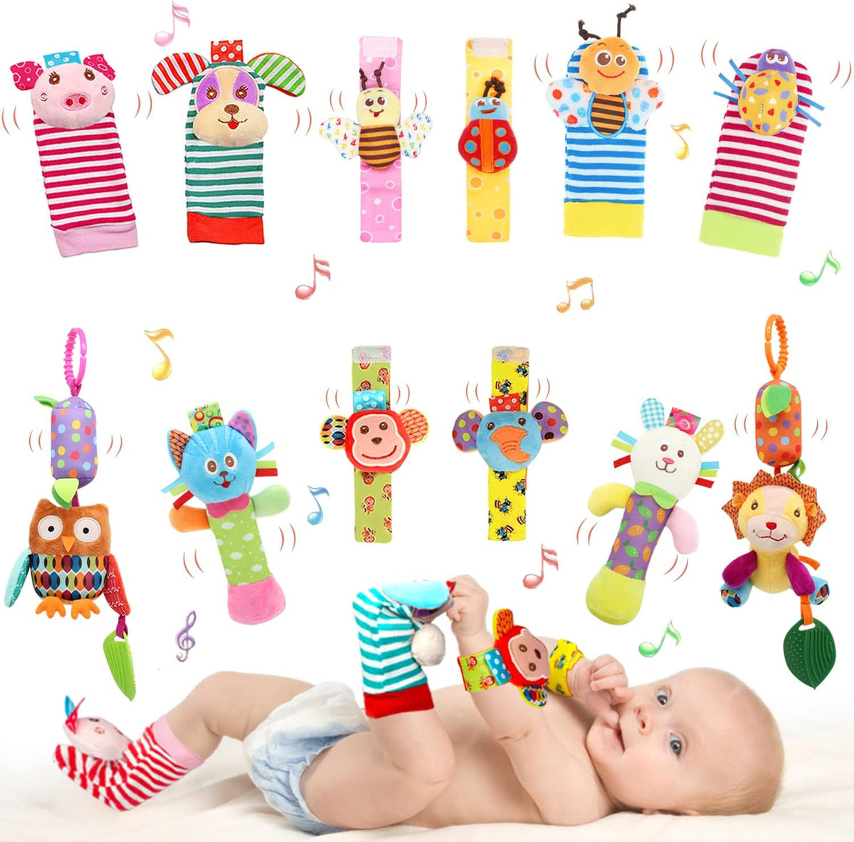 BLOOBLOOMAX Baby Soft Hanging and Wrist Rattle Toy, Car Seat Stroller Toys with Plush Animal C-Clip