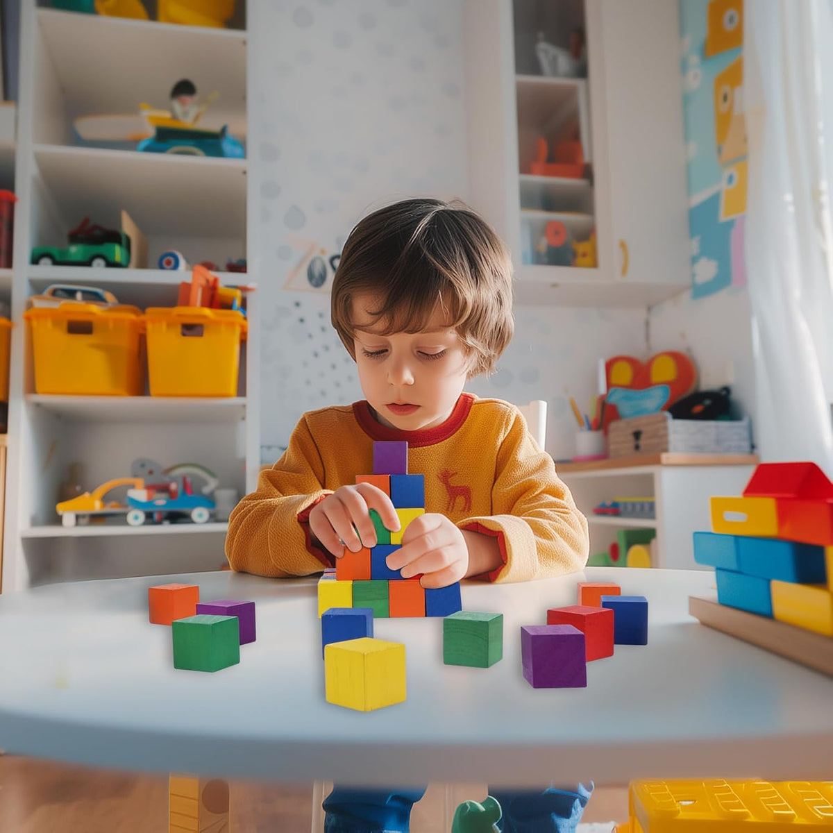 108 Pack 1 Inch Wooden Blocks, 6 Colors STEM Math Sorting Toys, Wood Building & Stacking Blocks for